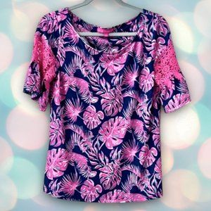 Simply Southern Women’s Pink Bell Sleeve Floral Lace Blouse Top Size S